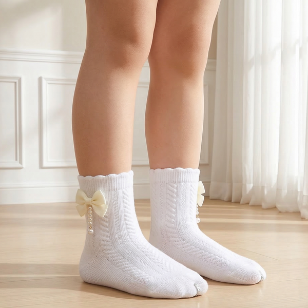 Pearl Butter Yellow Bow White Socks