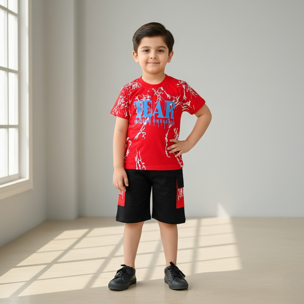 Boys Red Printed Polo T-shirt with Shorts Set