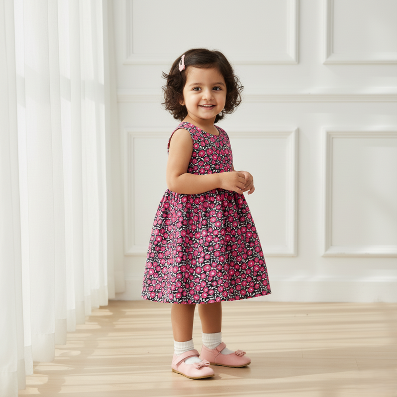 Pink Floral Printed Sleeveless Frock