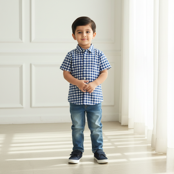 Blue Casual Checked Shirt Half Sleeves