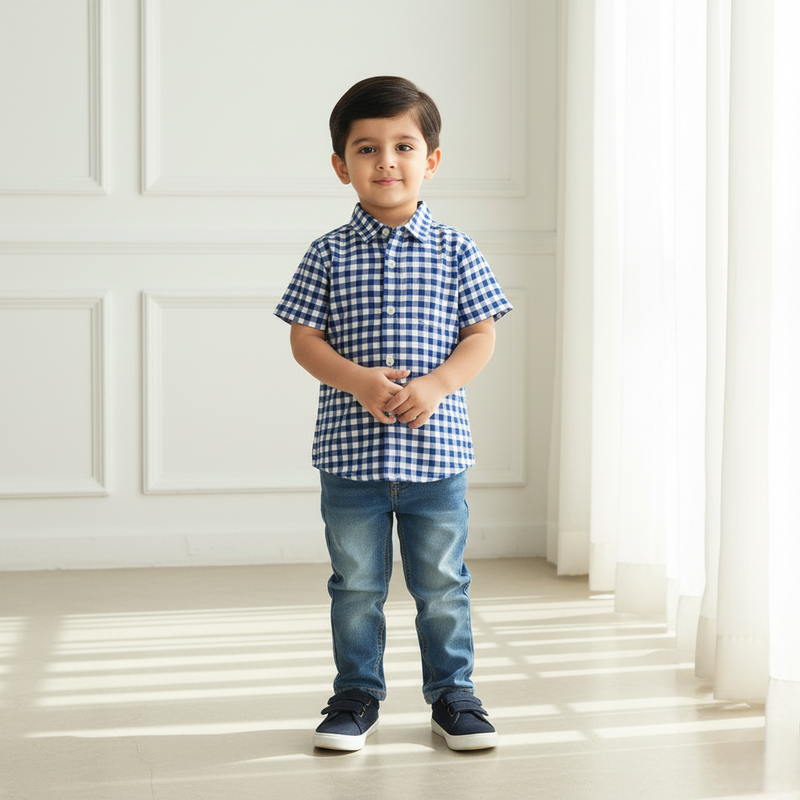 Blue Casual Checked Shirt Half Sleeves