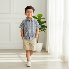 Navy Blue Checked Cotton Half Sleeves Shirt