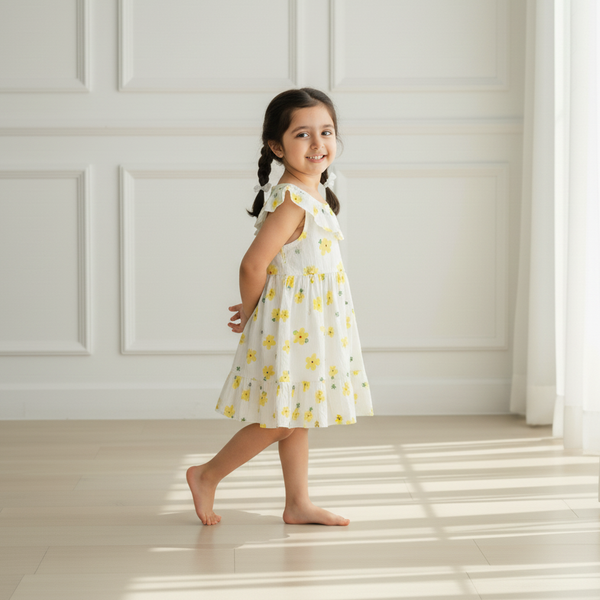 Floral Printed Sleeveless Muslin Cotton Frock