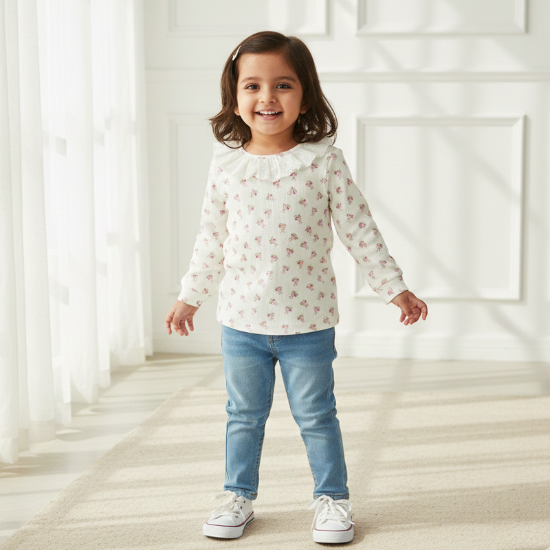 White Soft Blossom Frill Neck Top