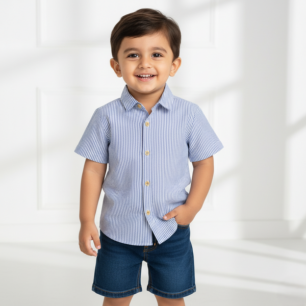 Blue Casual Striped Half Sleeves Shirt