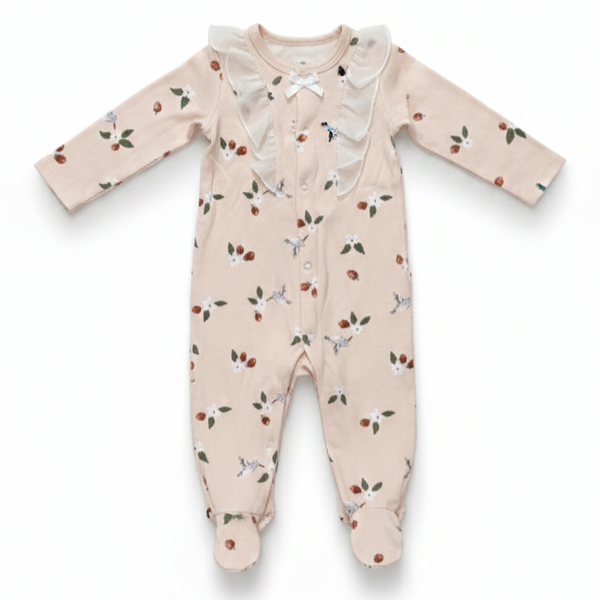 Peach Printed Frill Rompers (Footer)