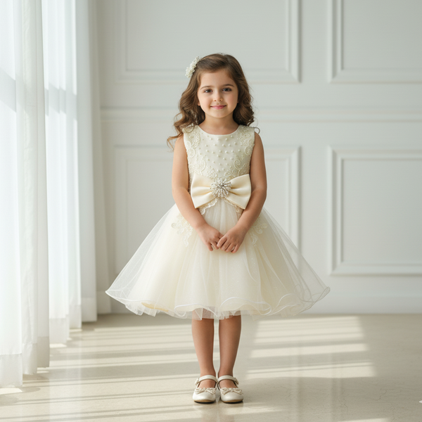 Champagne Elegant Knee Length Bow Princess Dress