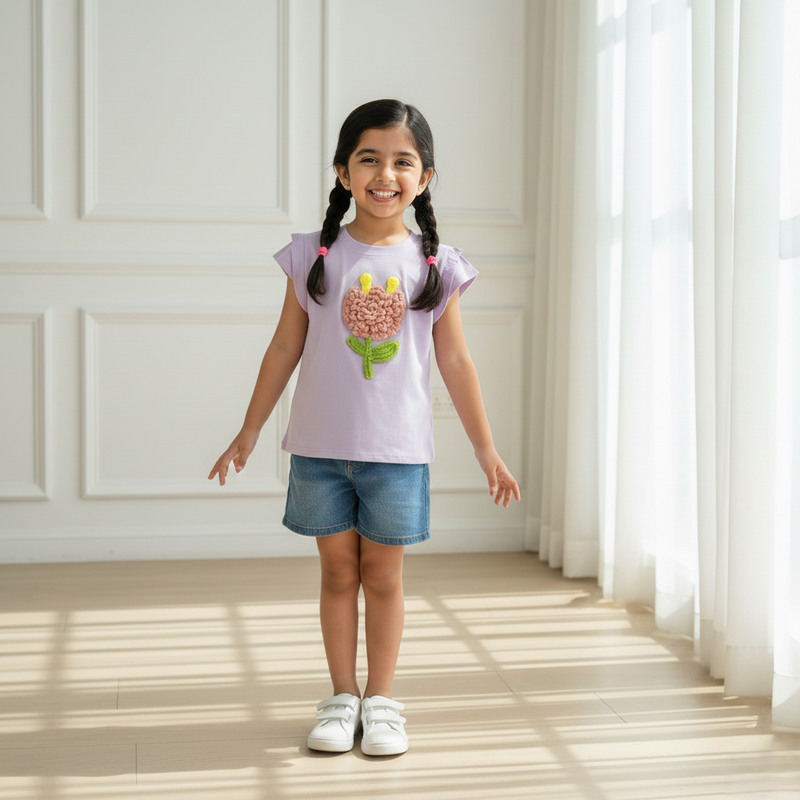 Girl Regular Fit Flower Purple Top
