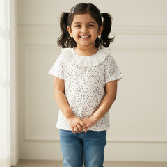 White Printed Frill Top