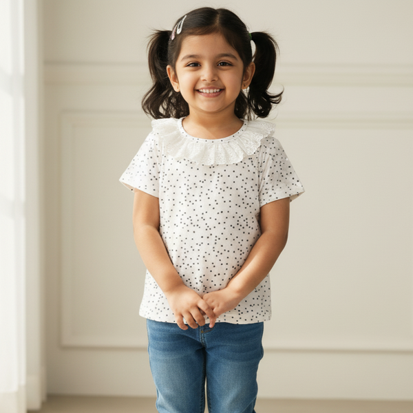 White Printed Frill Top