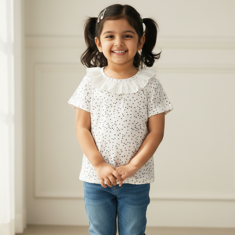 White Printed Frill Top