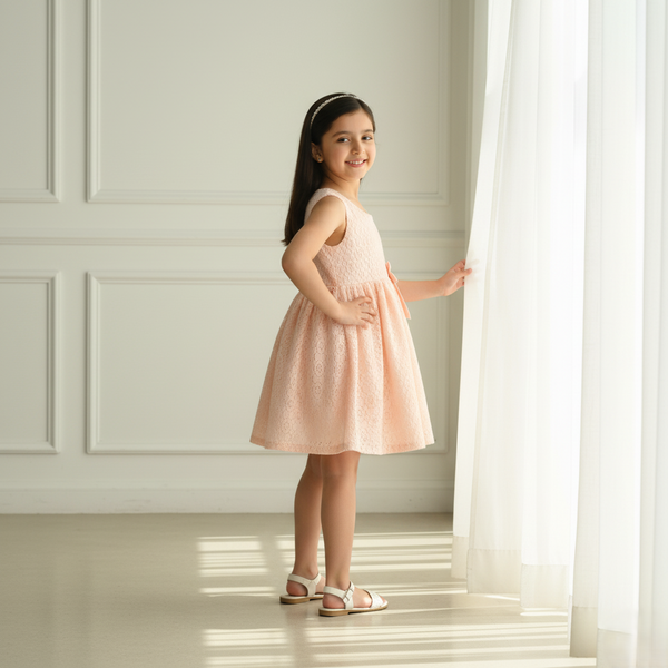 Peach Bow Lace Frock