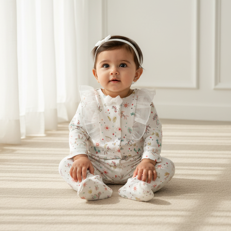 White Printed Frill Rompers