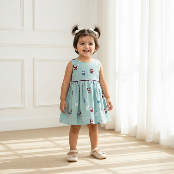 Blue Printed Sleeveless Frock