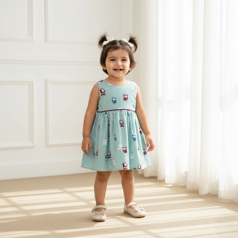 Blue Printed Sleeveless Frock