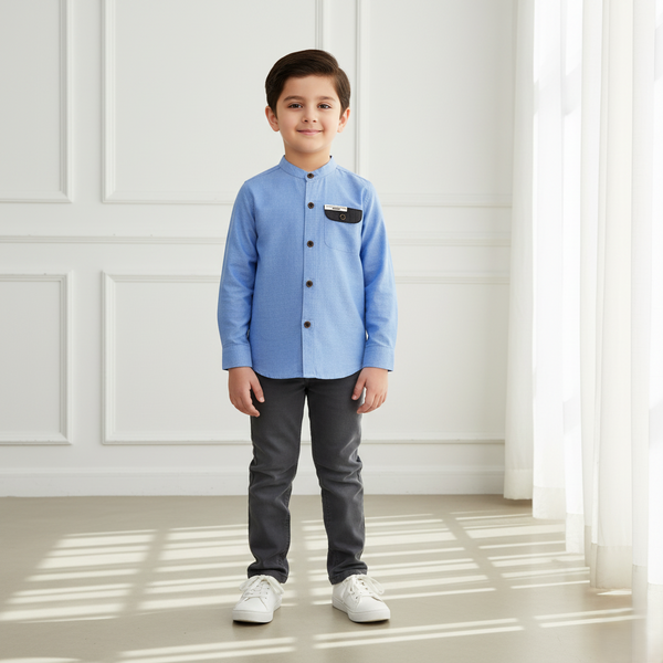 Blue Mandarin Collar Casual Shirt