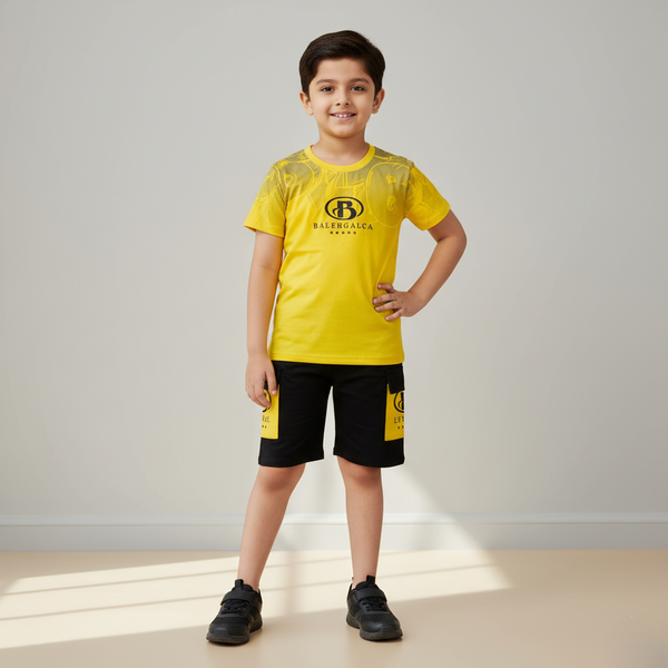Yellow Printed Polo T-shirt with Shorts Set