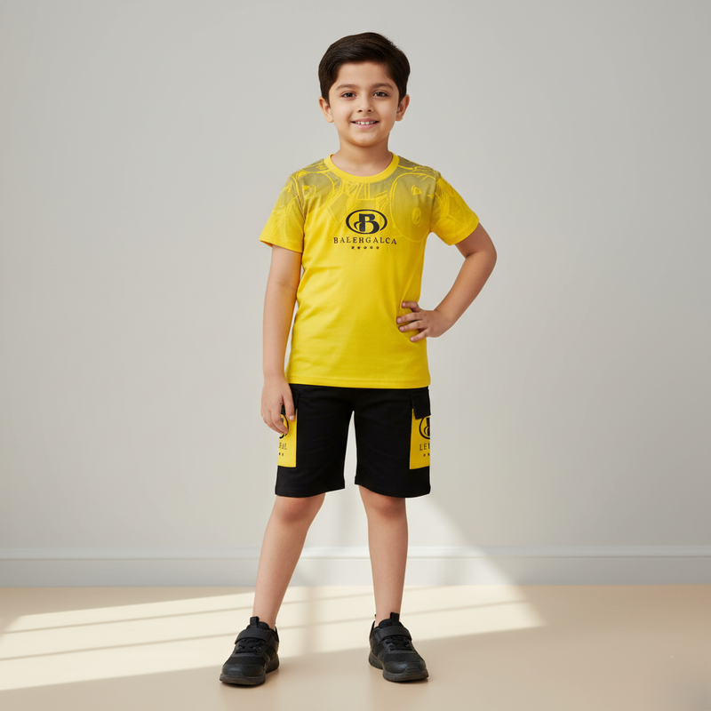 Yellow Printed Polo T-shirt with Shorts Set