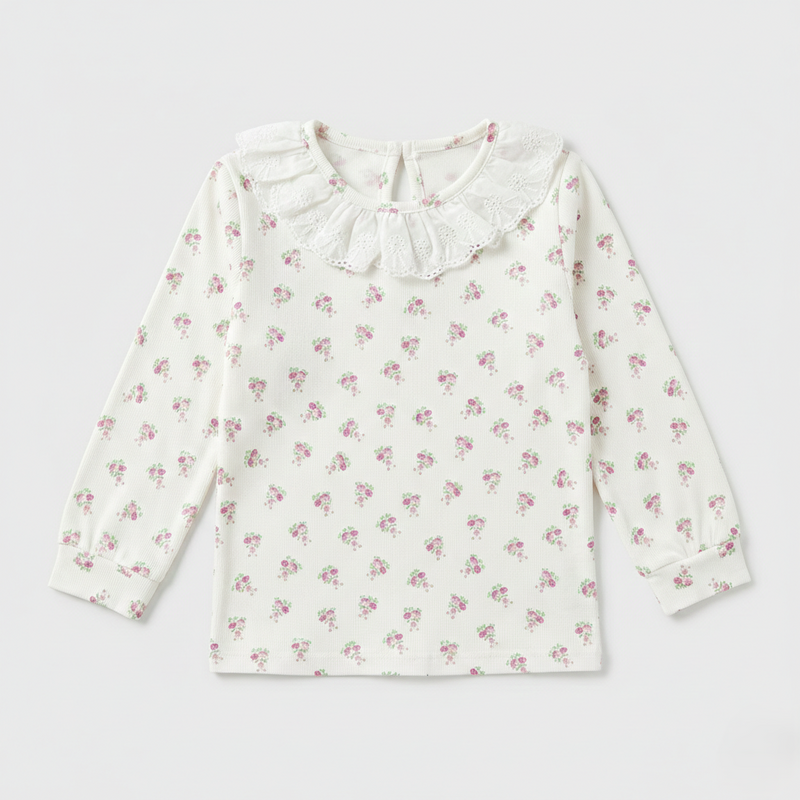 White Soft Blossom Frill Neck Top