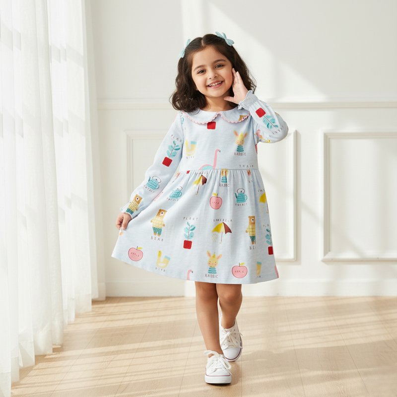 Light Blue Printed Full-Sleeve Frock