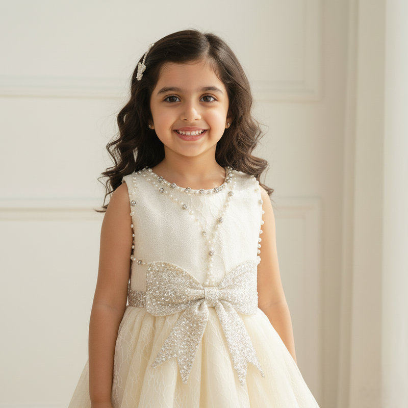 Champagne Knee Length Glitter Bow Princess Dress