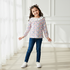 Girls Floral Printed Lace Neck Top