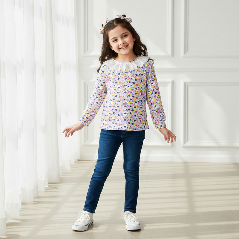 Girls Floral Printed Lace Neck Top