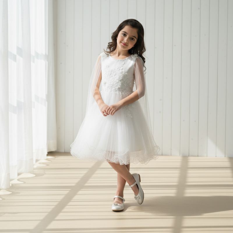 White Sleeveless Princess Dress with Cape Neck Sleeves