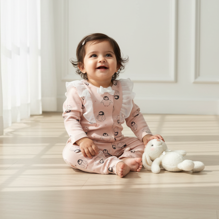 Peach Penguin Print Frill Rompers