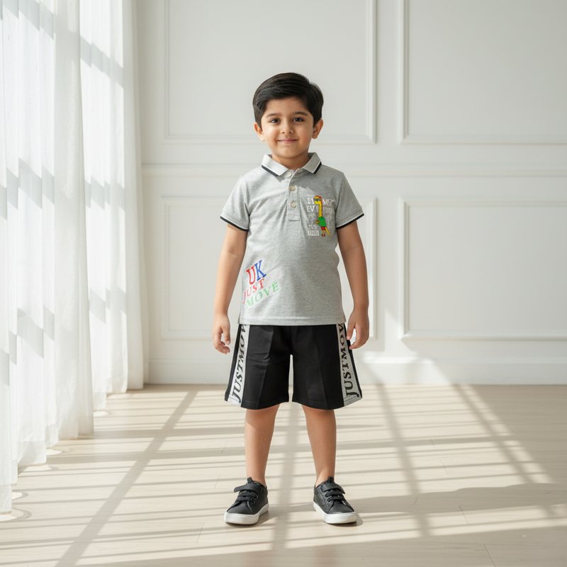 Grey Boys Polo T-shirt with Shorts Set