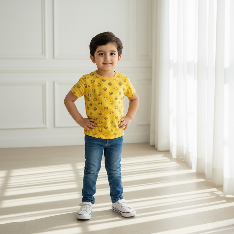 Yellow Round Neck Printed T-shirt