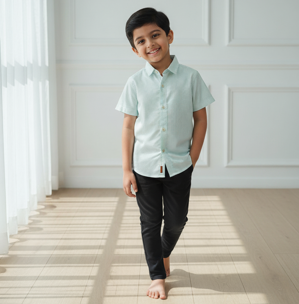 Green Casual Striped Half Sleeves Shirt