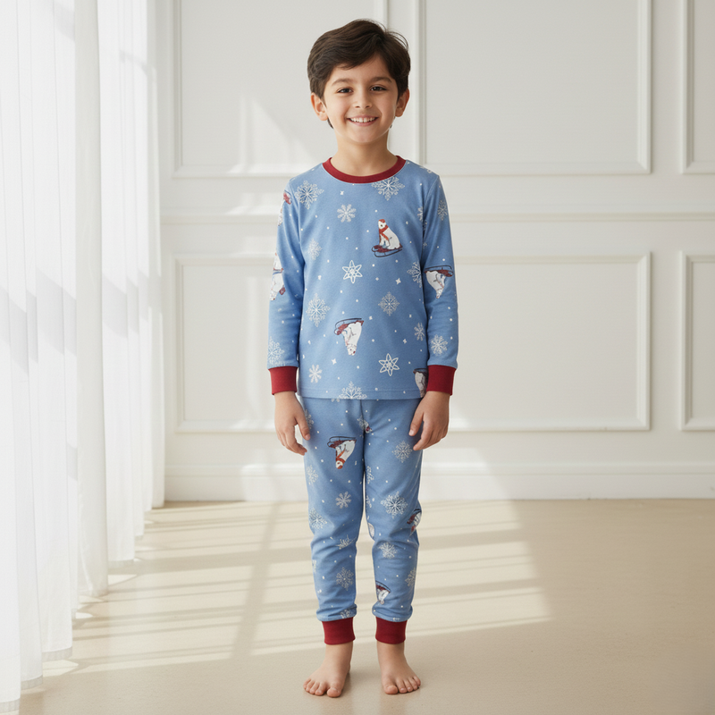 Blue Polar Bear & Snowflake Print Nightsuit
