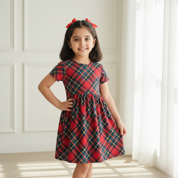 Red Checkered Short-Sleeve Frock