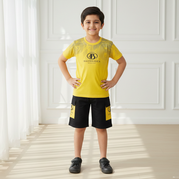 Yellow Printed Polo T-shirt with Shorts Set