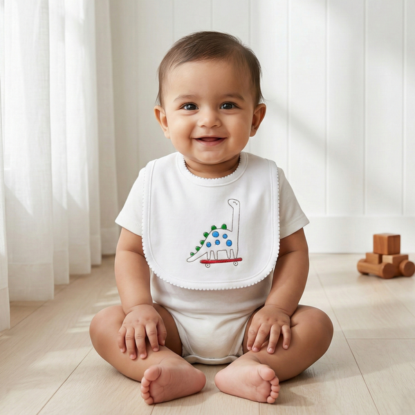 Baby Premium Bibs - White Dinosaur