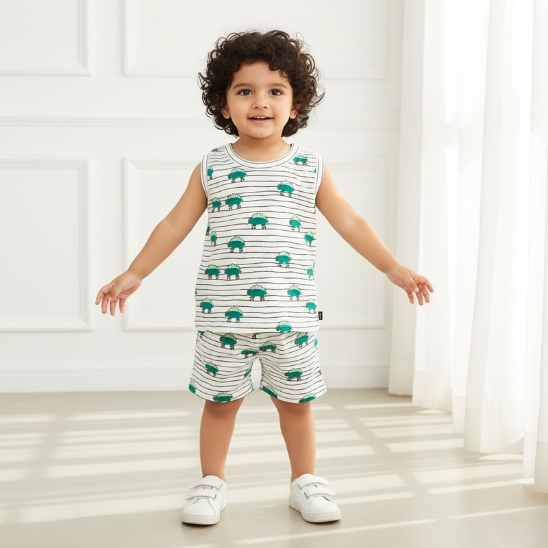 Green Dino Printed Vest and Short Set
