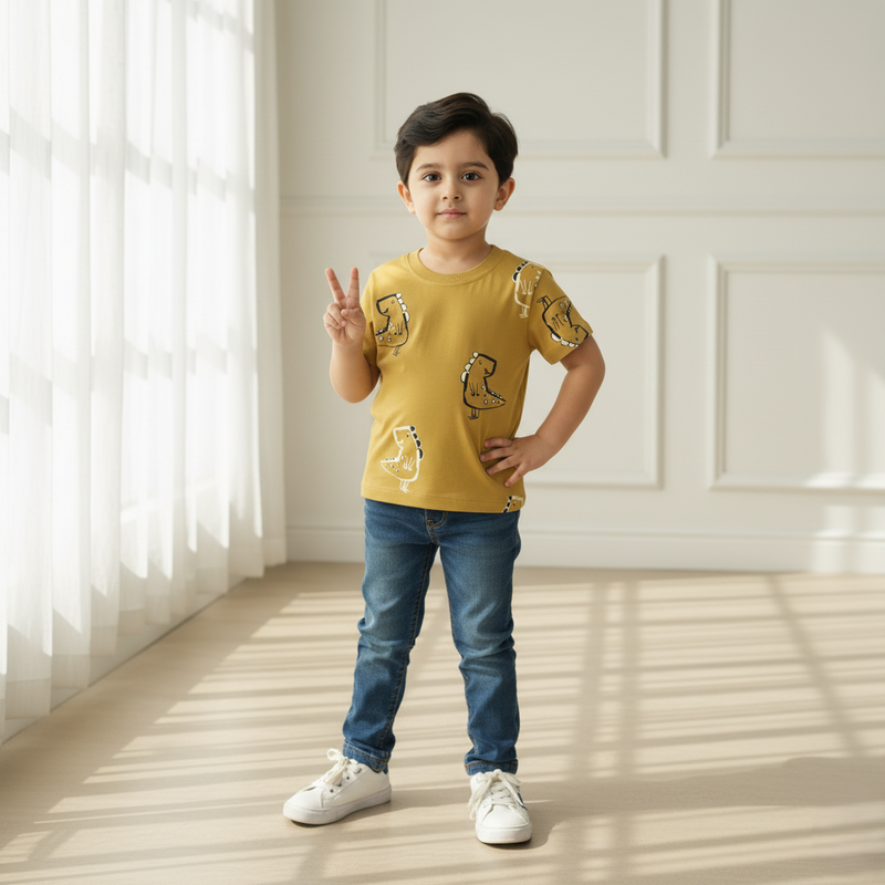 Brown Round Neck Printed T-shirt