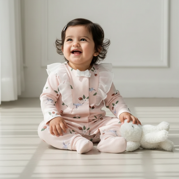 Peach Printed Frill Rompers (Footer)