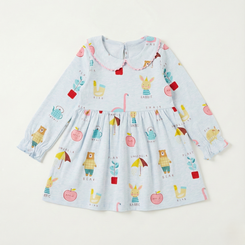 Light Blue Printed Full-Sleeve Frock