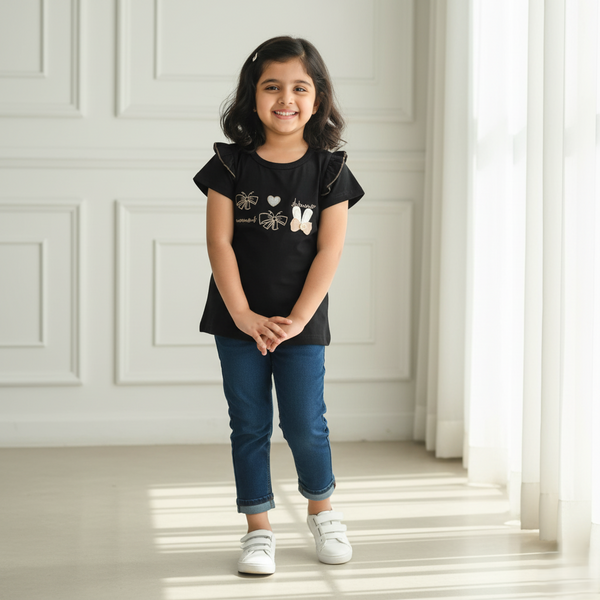Girl Regular Fit Black Butterfly Top