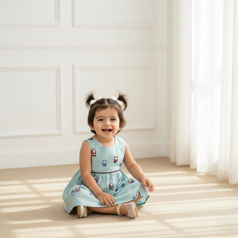 Blue Printed Sleeveless Frock