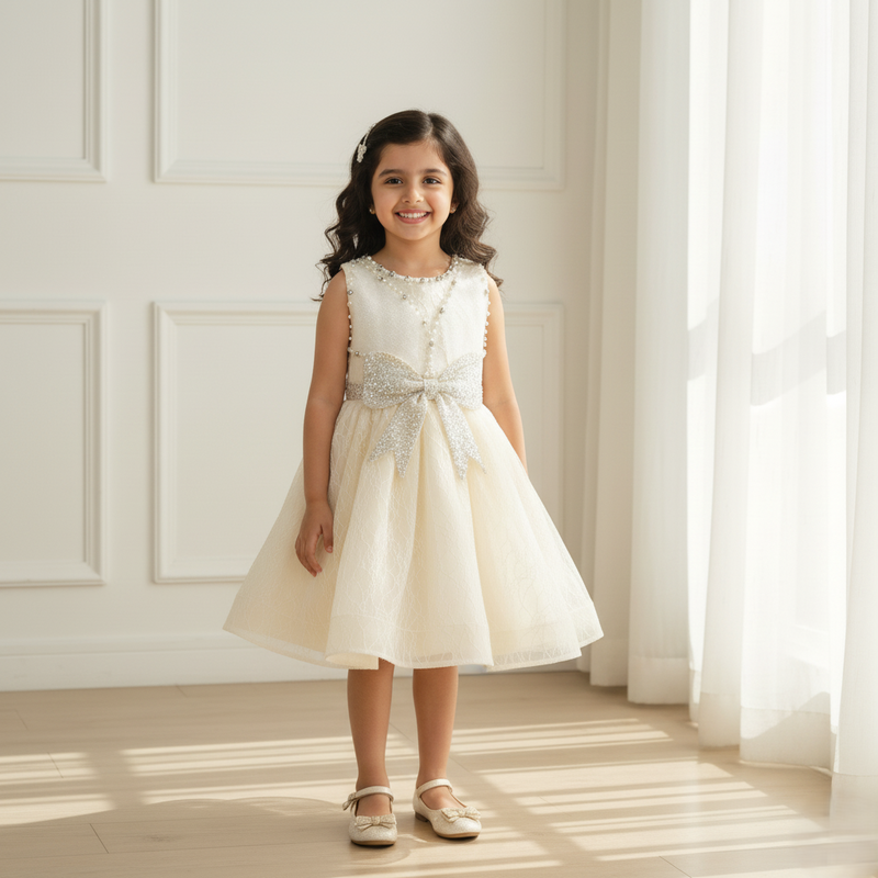 Champagne Knee Length Glitter Bow Princess Dress