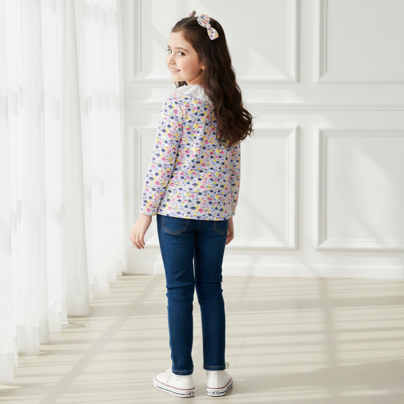 Girls Floral Printed Lace Neck Top