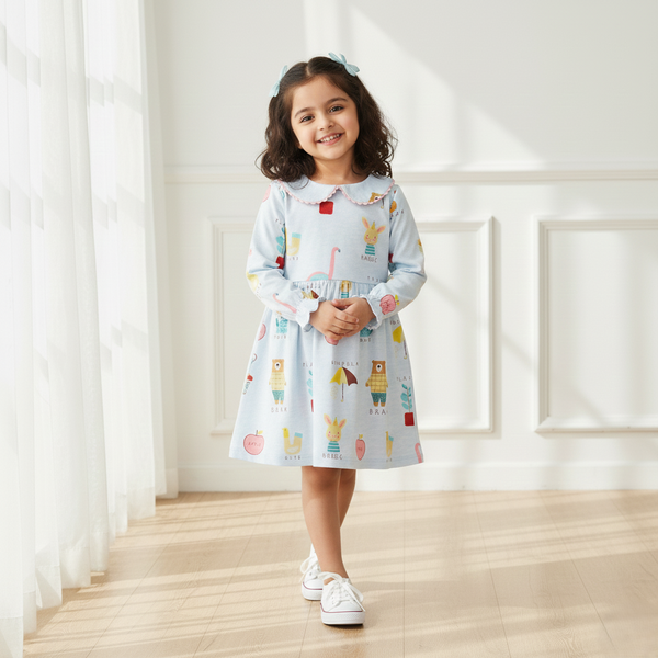 Light Blue Printed Full-Sleeve Frock