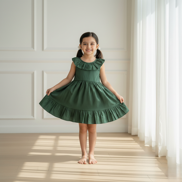 Green Sleeveless Muslin Cotton Frock