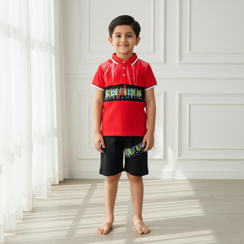 Red Boys Polo T-shirt with Shorts Set