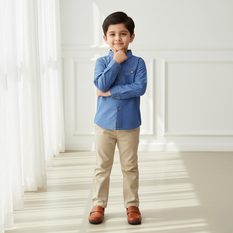 Denim Blue Mandarin Collar Shirt