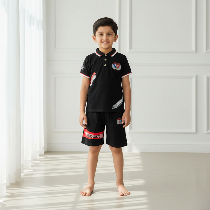 Black Boys Polo T-shirt with Shorts Set