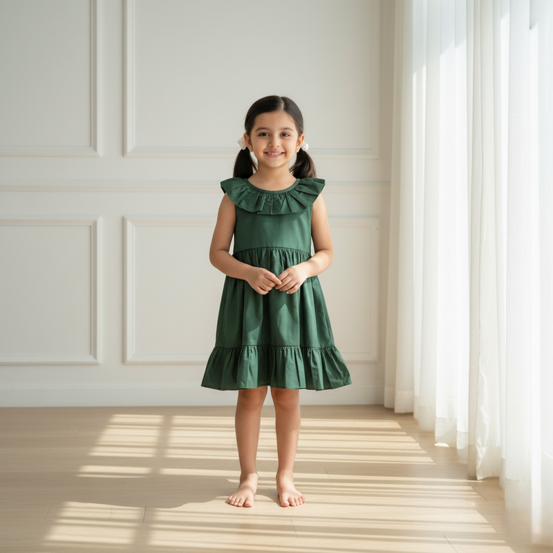 Green Sleeveless Muslin Cotton Frock